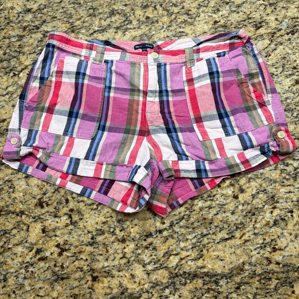 Gap Aubrey Plaid Shorts Pink Purple Madras Cuffed Pockets Womens Size 14 v